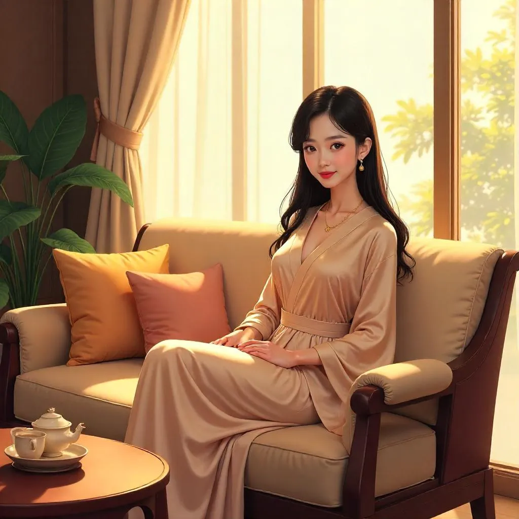 Elegant Asian Woman in Anime Style at Home