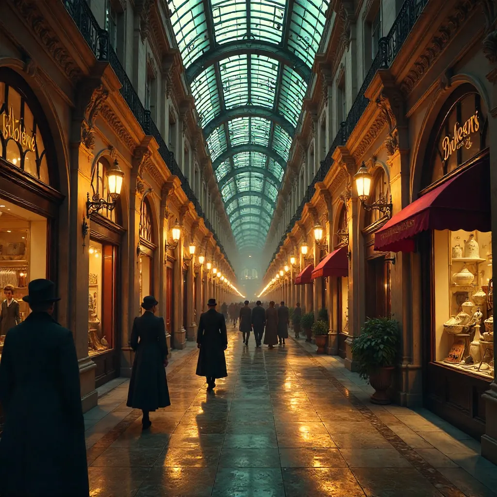 Intricate Victorian Arcade with Glowing Lamps