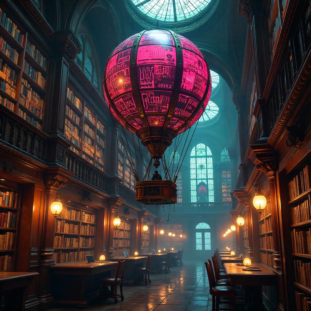 Neon Balloon Over a Cyberpunk Library