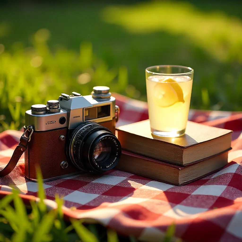 Sunlit Vintage Picnic: Camera, Books, and Glass