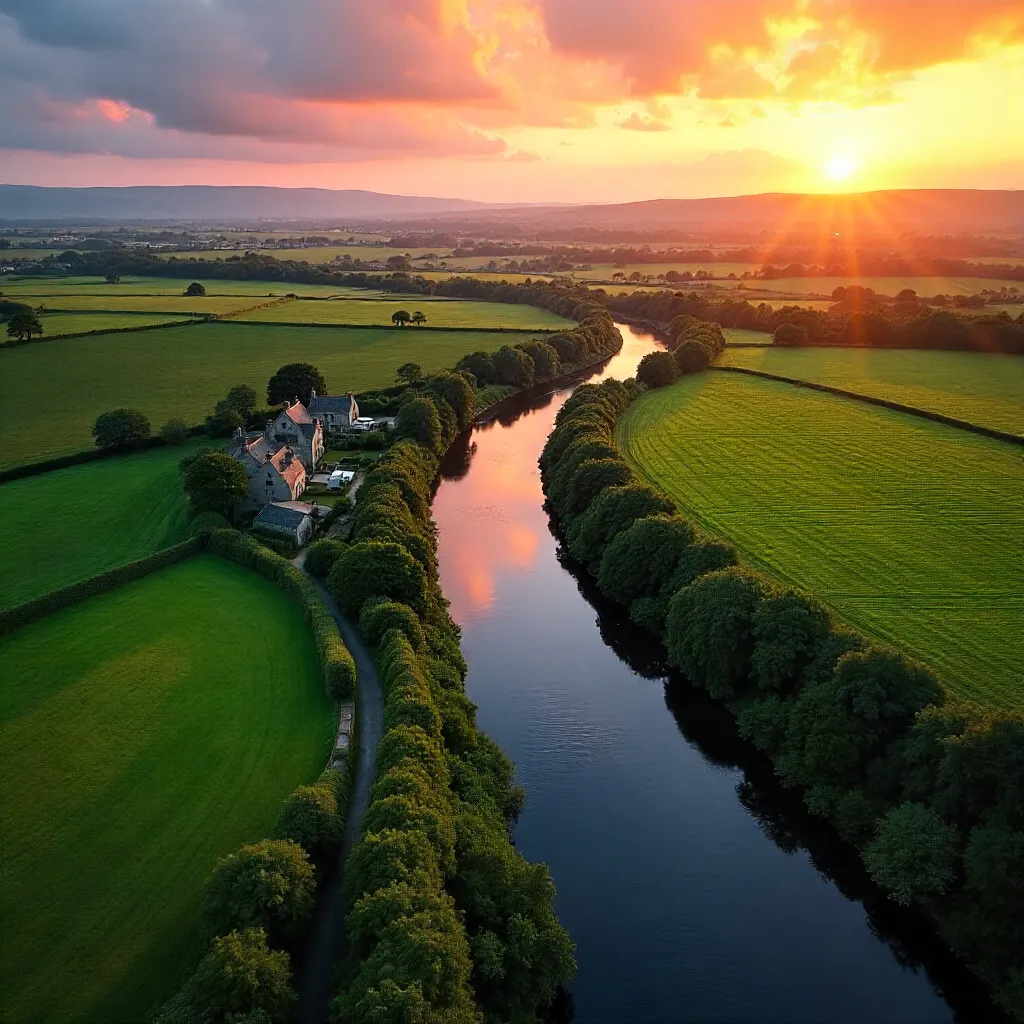 Sunset Aerial Over River and Greenery in Clare