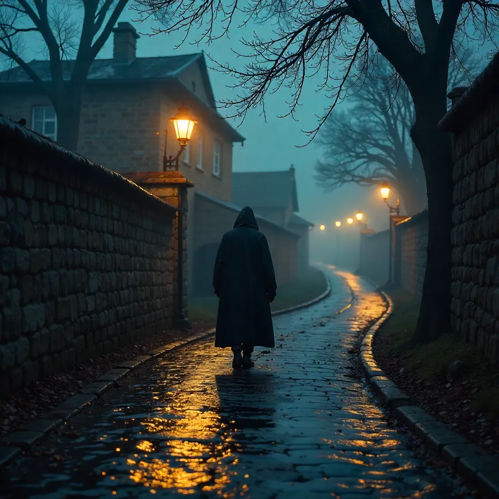 Solitary Figure on a Winding Cobblestone Path