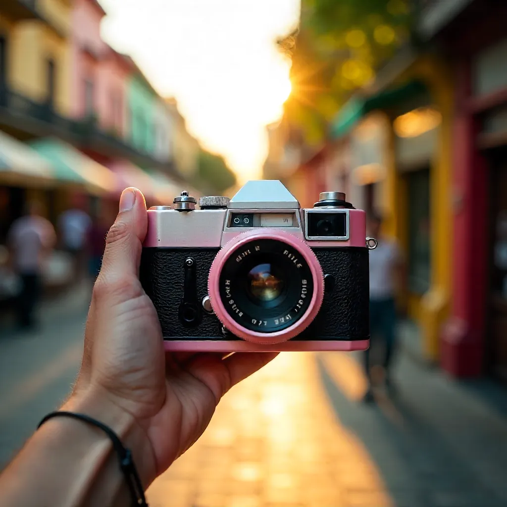 Pink Analog Camera in Belém with Bokeh Glow