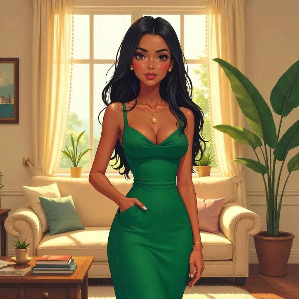 Elegant Latina Anime Portrait at Home