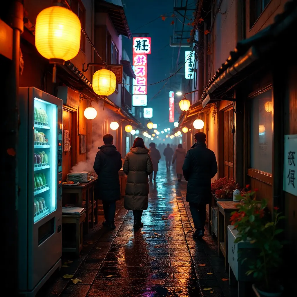 Autumn Lanterns in Tokyo Alley at Night