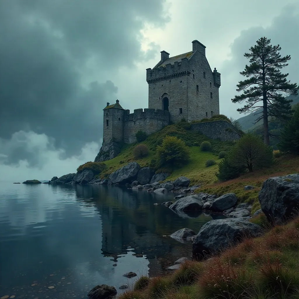 Stormy Scottish Castle by a Misty Lake