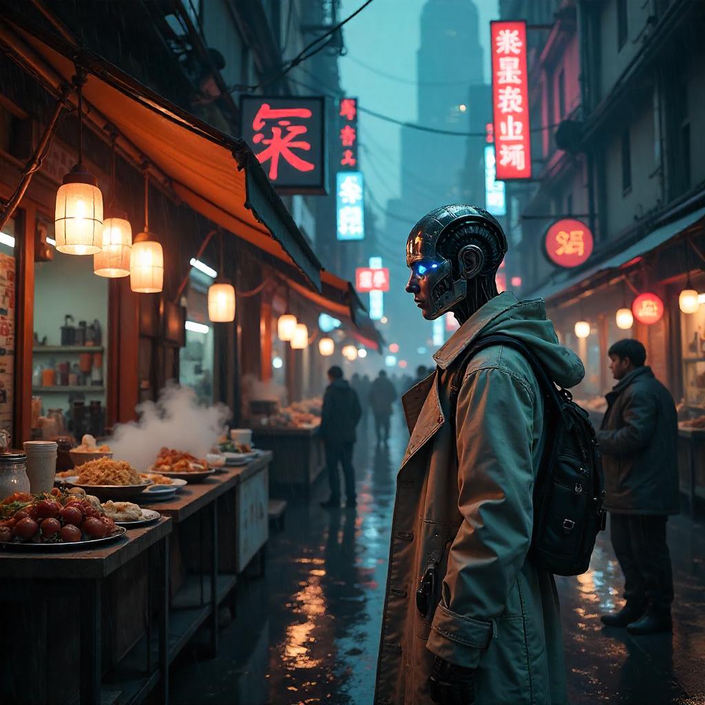 Android in Neon Market: A Cyberpunk Scene