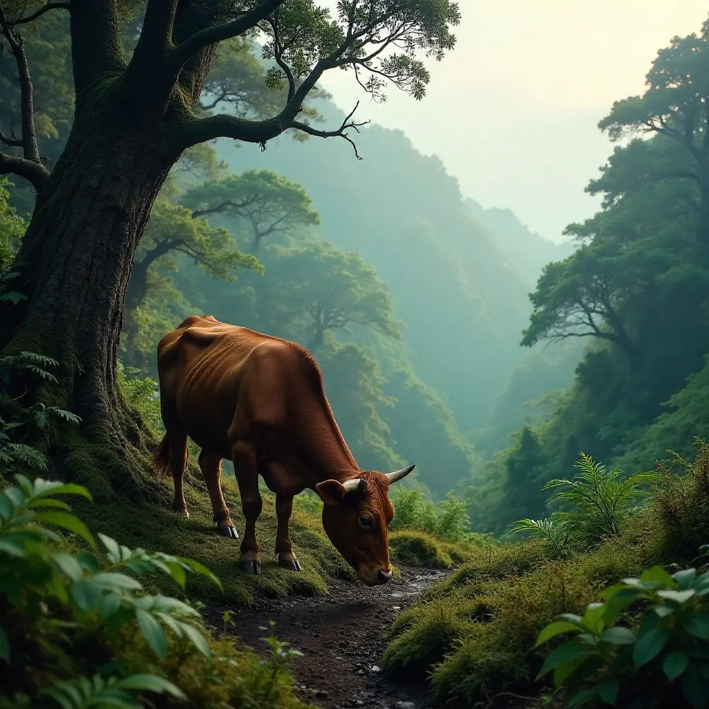 Brown Cow in a Misty Madeiran Forest