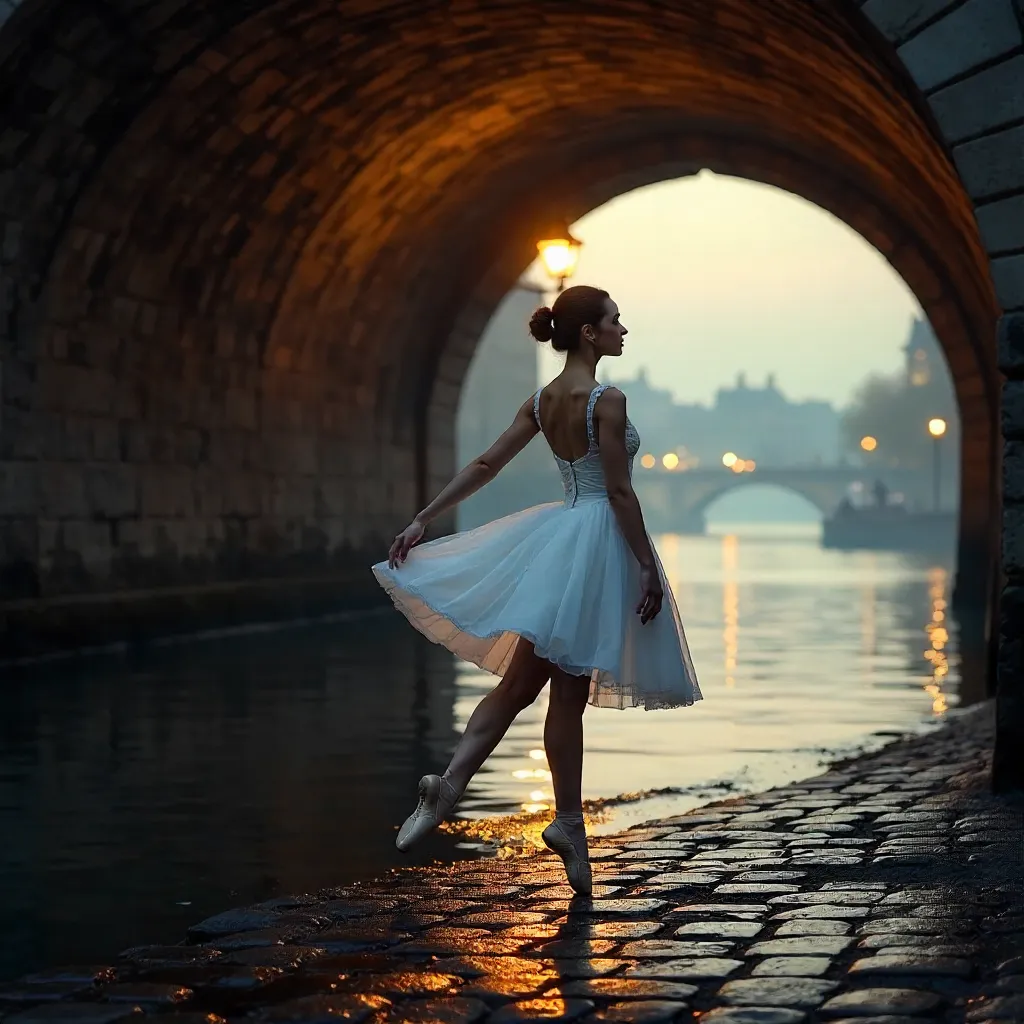 Graceful Ballerina under a Parisian Bridge