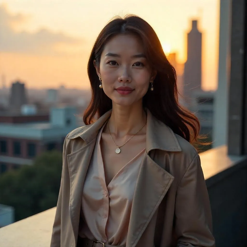 Elegant Asian Woman on a Sunset Rooftop