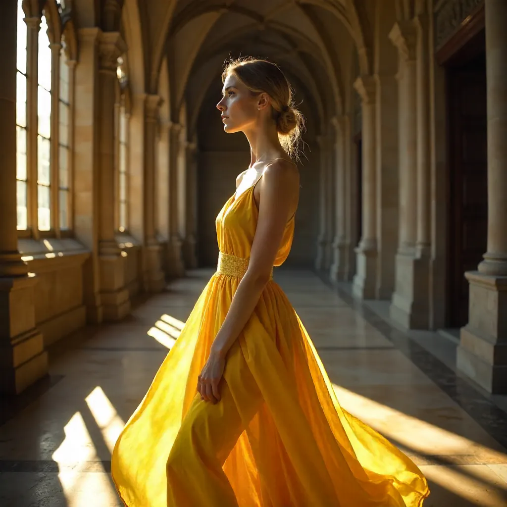 Golden Light in Historic Hall: Fashion Portrait