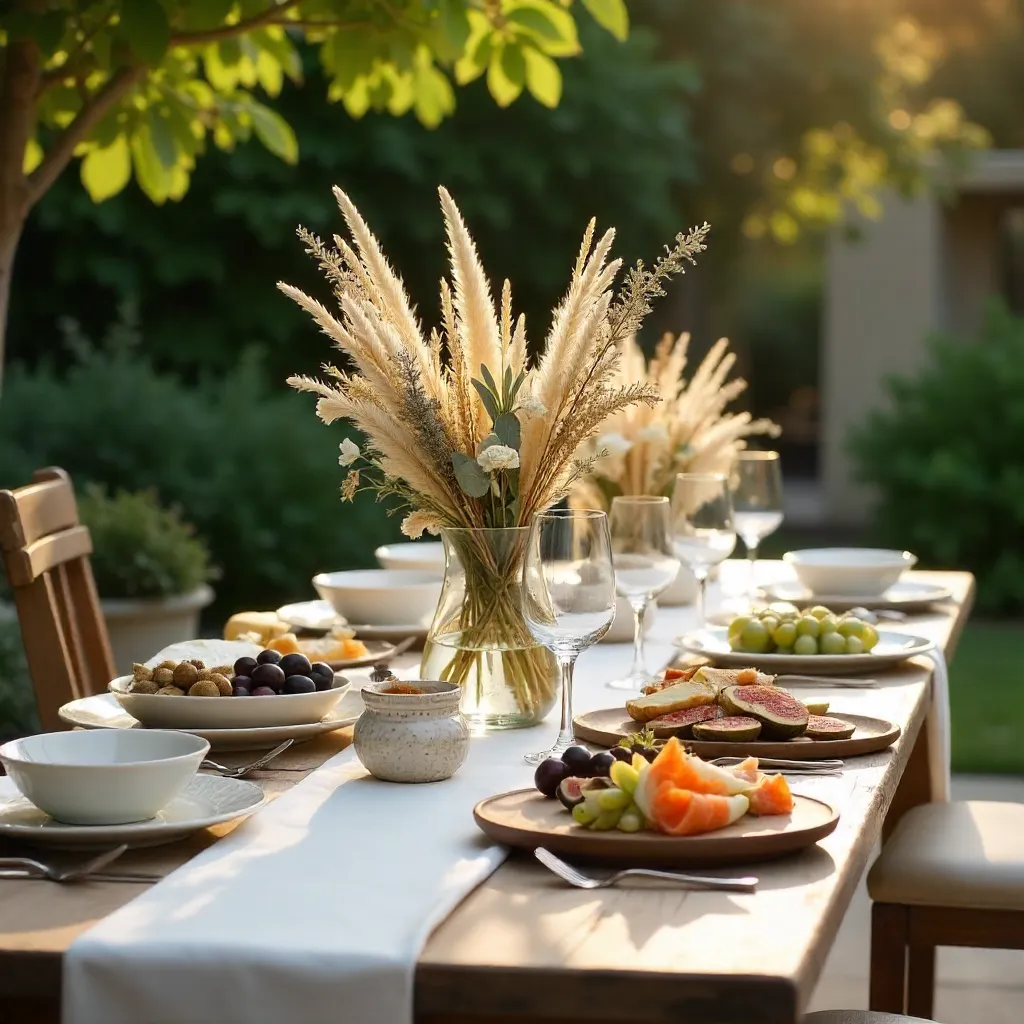 Elegant Outdoor Table Setting with Appetizers and Dried Florals