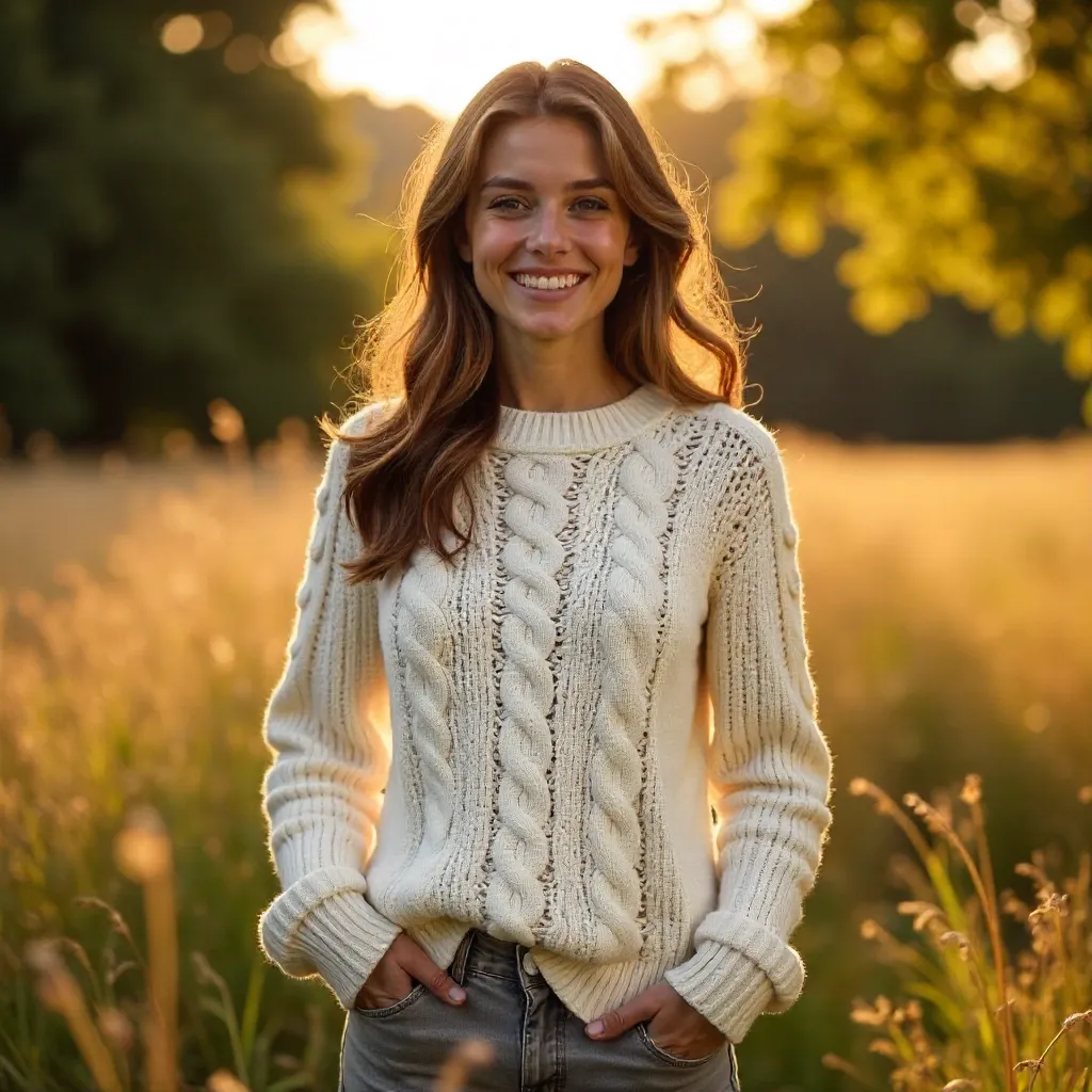 Golden Hour Cozy: White Cable Knit Outdoors