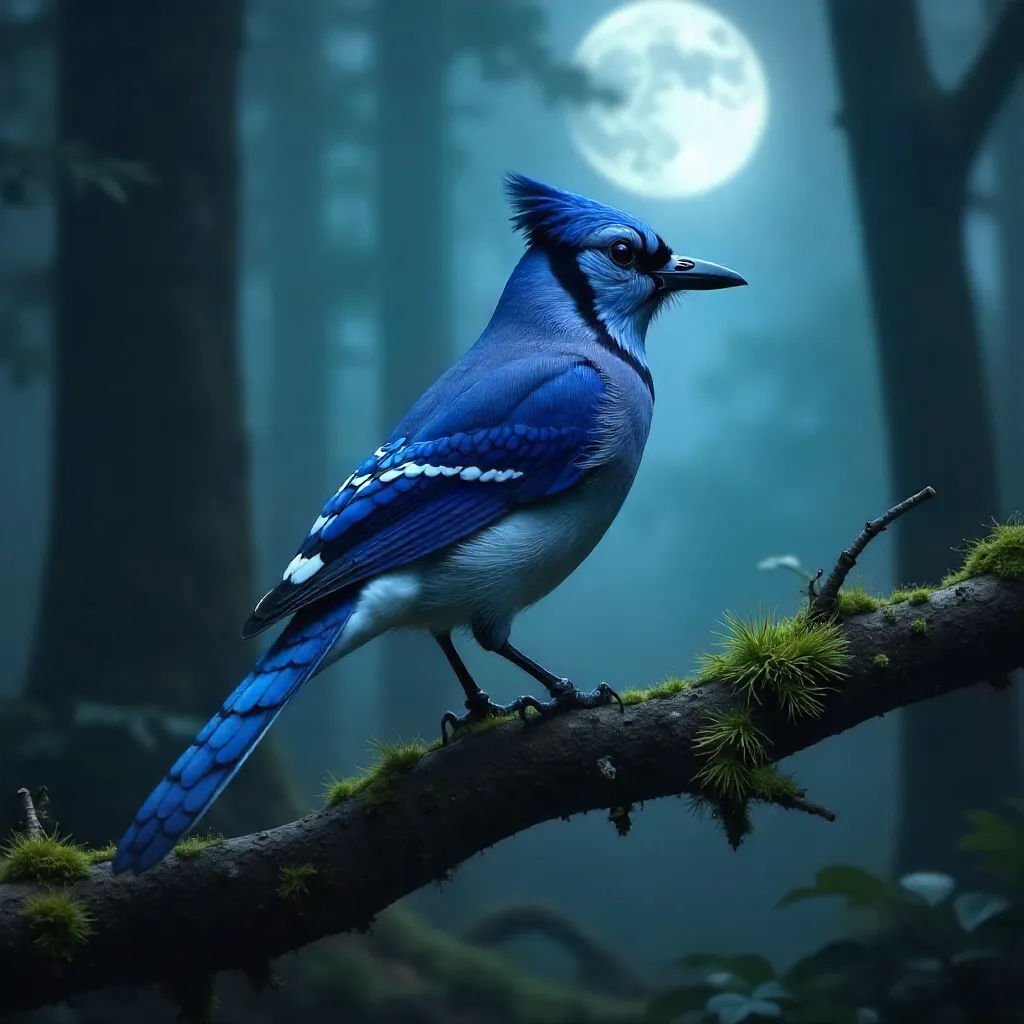 Stunning Blue Jay on a Moonlit Forest Branch