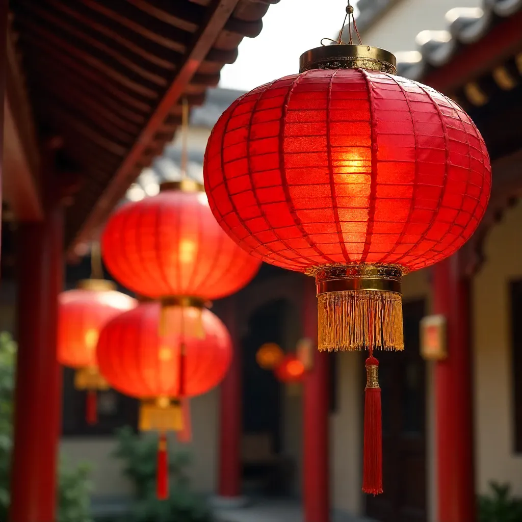 Close-up of Vibrant Red Lanterns in Chinese Architecture