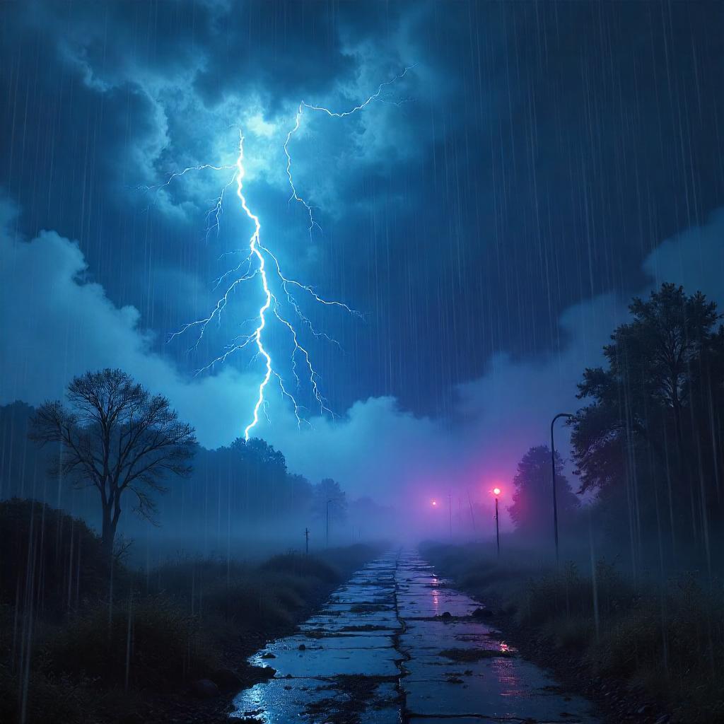 Fogbound Thunderstorm: Neon Rain in Digital Art