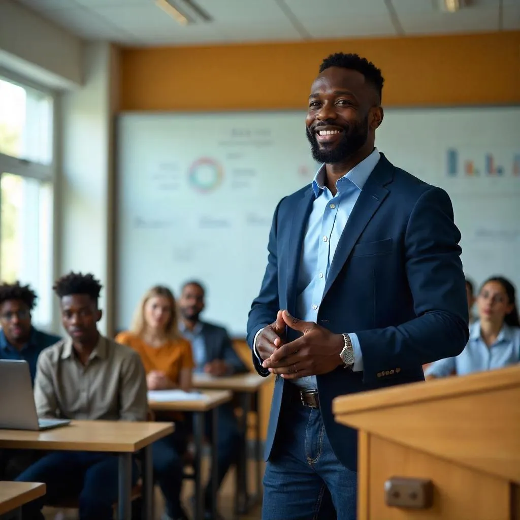 Confident Black Teacher in a Bright Modern Classroom