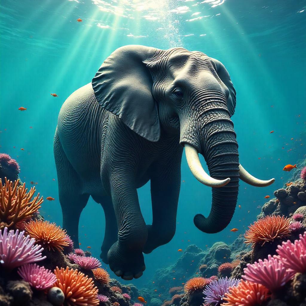 Photorealistic Elephant in a Coral Reef