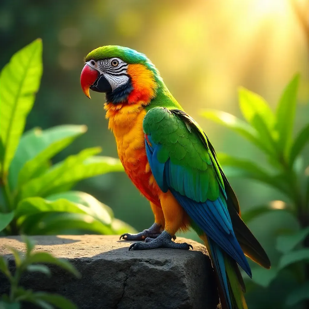 Sunlit Parrot on Stone Amid Green Foliage