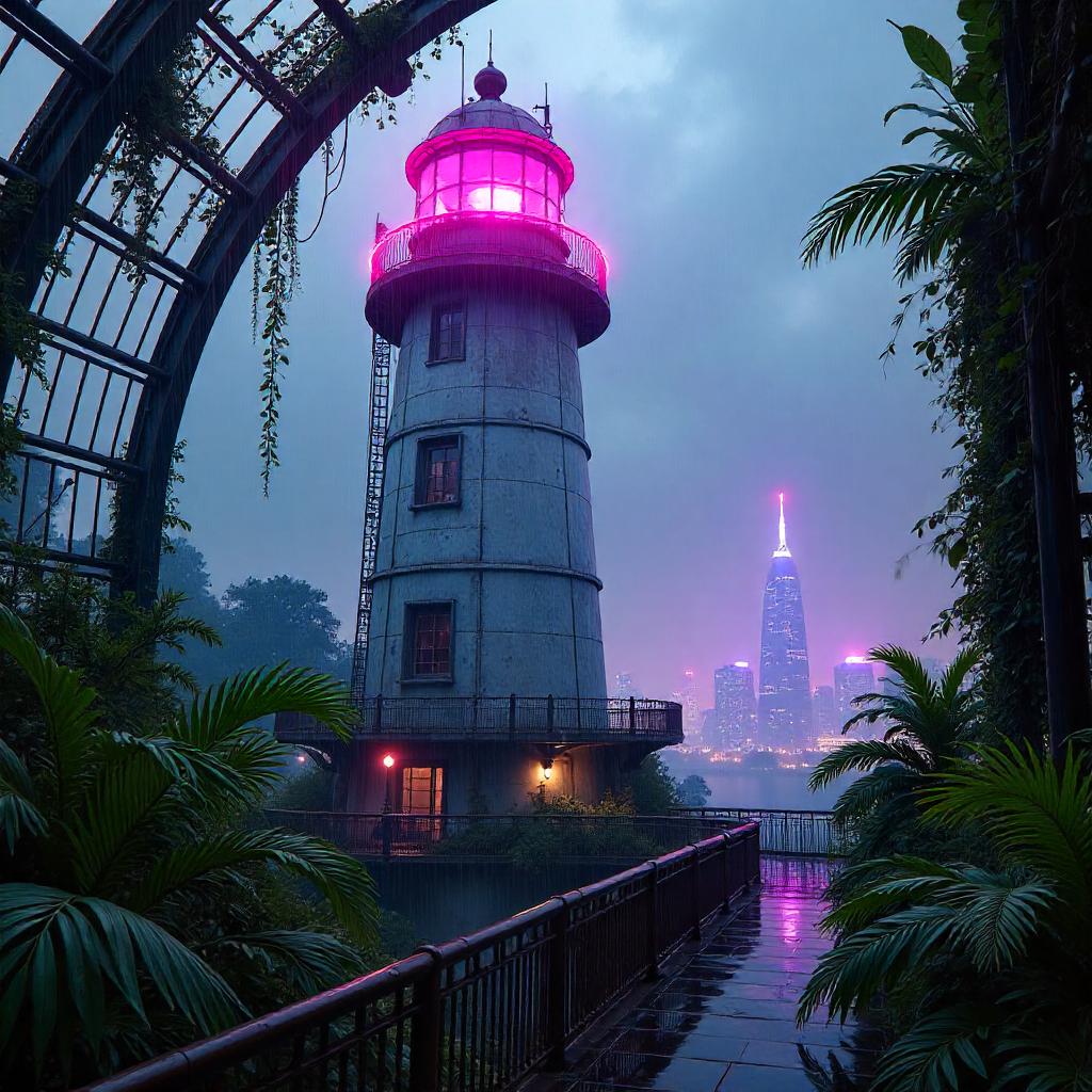 Neon Lighthouse Within a Cyberpunk Greenhouse