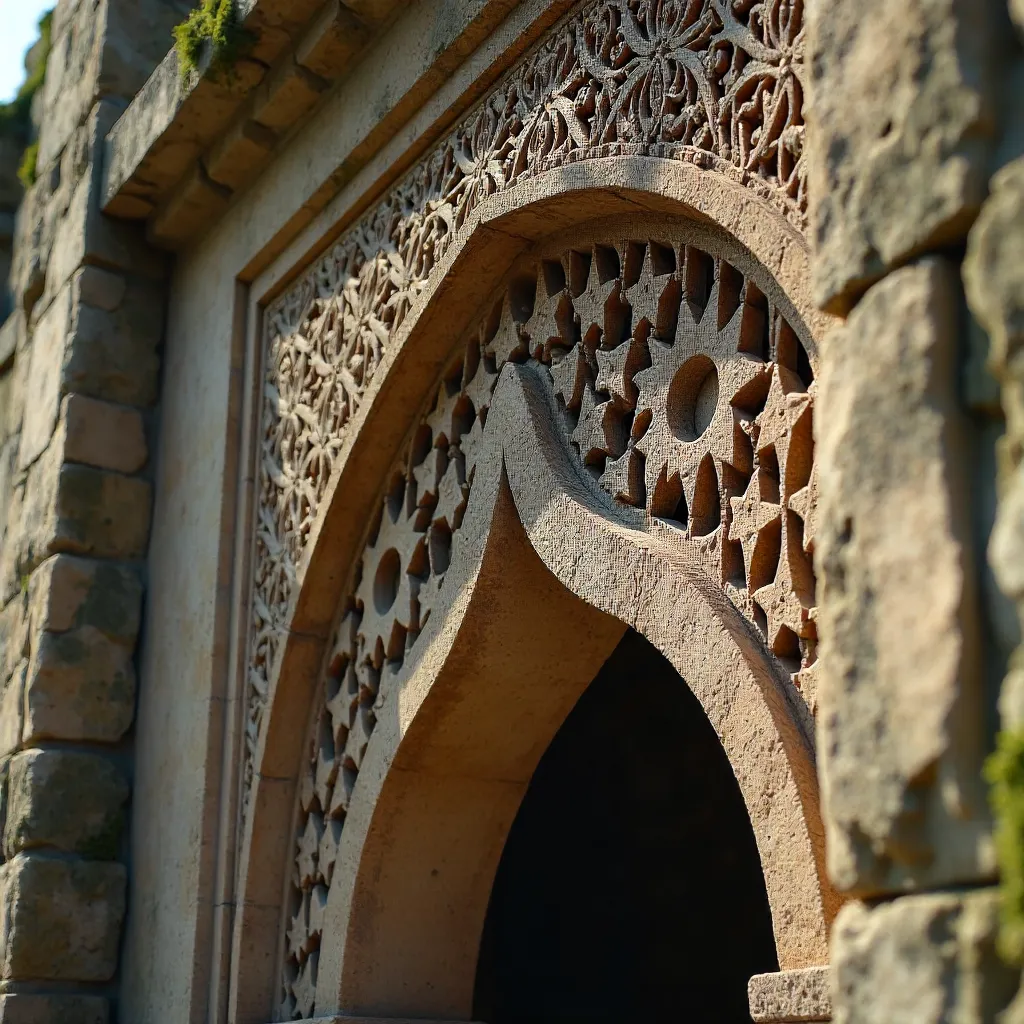 Macro Close-Up: Geometric Carvings on an Ancient Archway