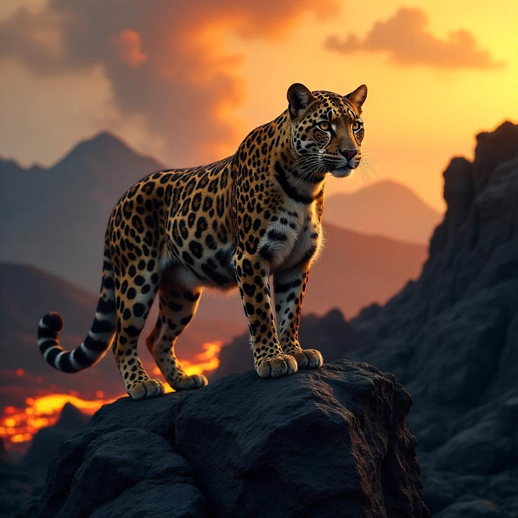 Leopard on Volcanic Rocks at Sunset