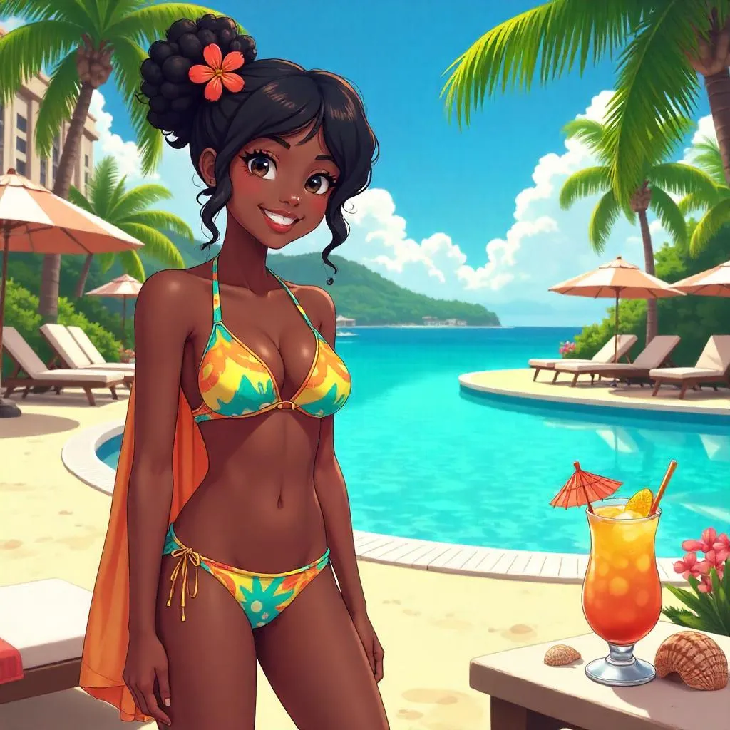 Cheerful Black Girl at a Sunny Resort Anime Style