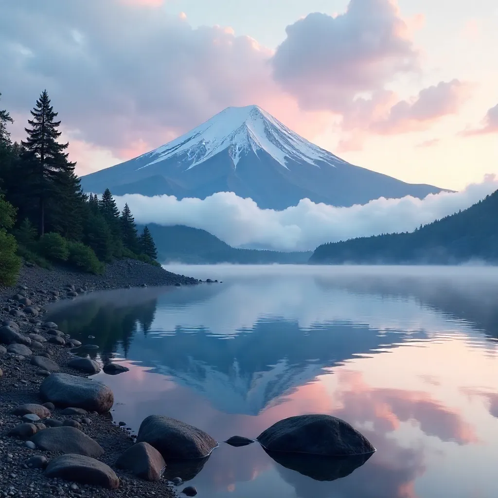 Mount Fuji Over Clouds and a Serene Lake