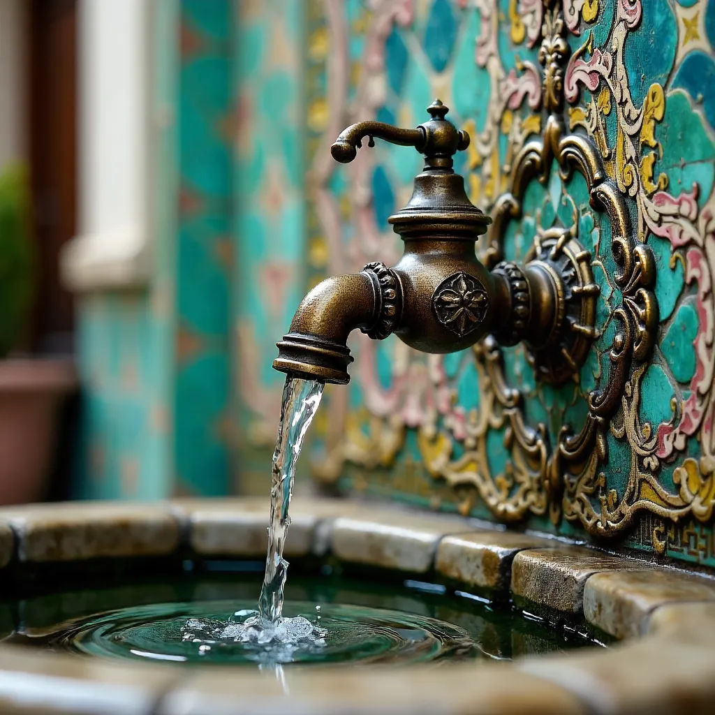 Fountain Tap Amid Vibrant Patterned Tiles