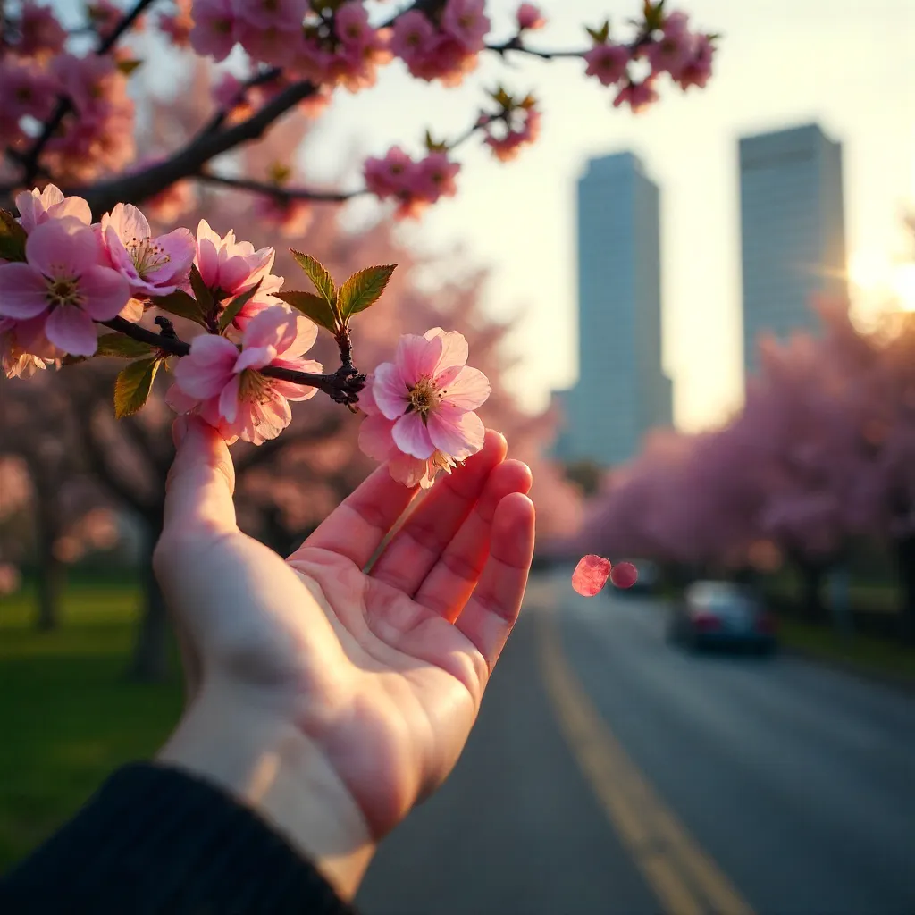 Hand Reaching for Cherry Blossoms in the City