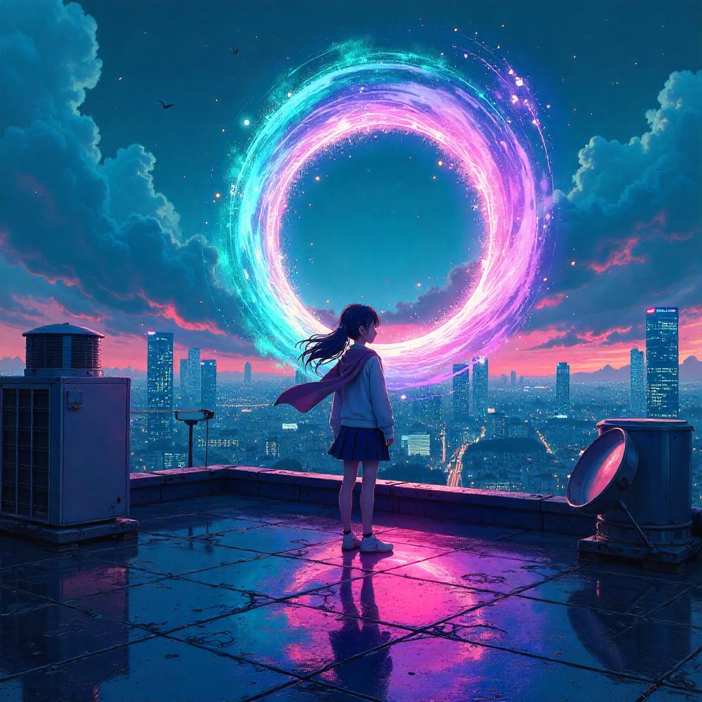 Rooftop Portal in Neon Anime Night