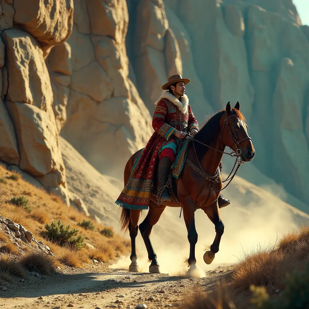 Rider in Traditional Attire at a Stone Cliff