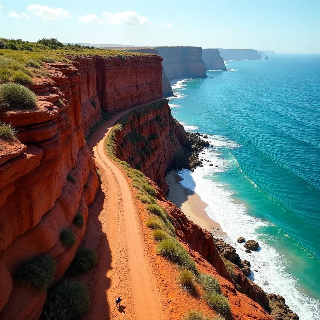 Aerial Winding Path Through Red Seaside Cliffs