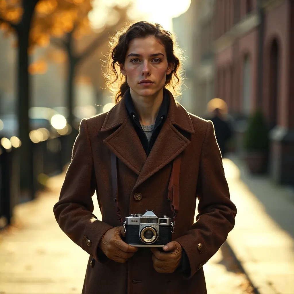 Autumn Portrait: Brown Coat with Vintage Camera
