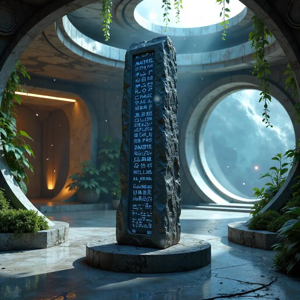Ancient Runic Stone in a Futuristic Space Colony
