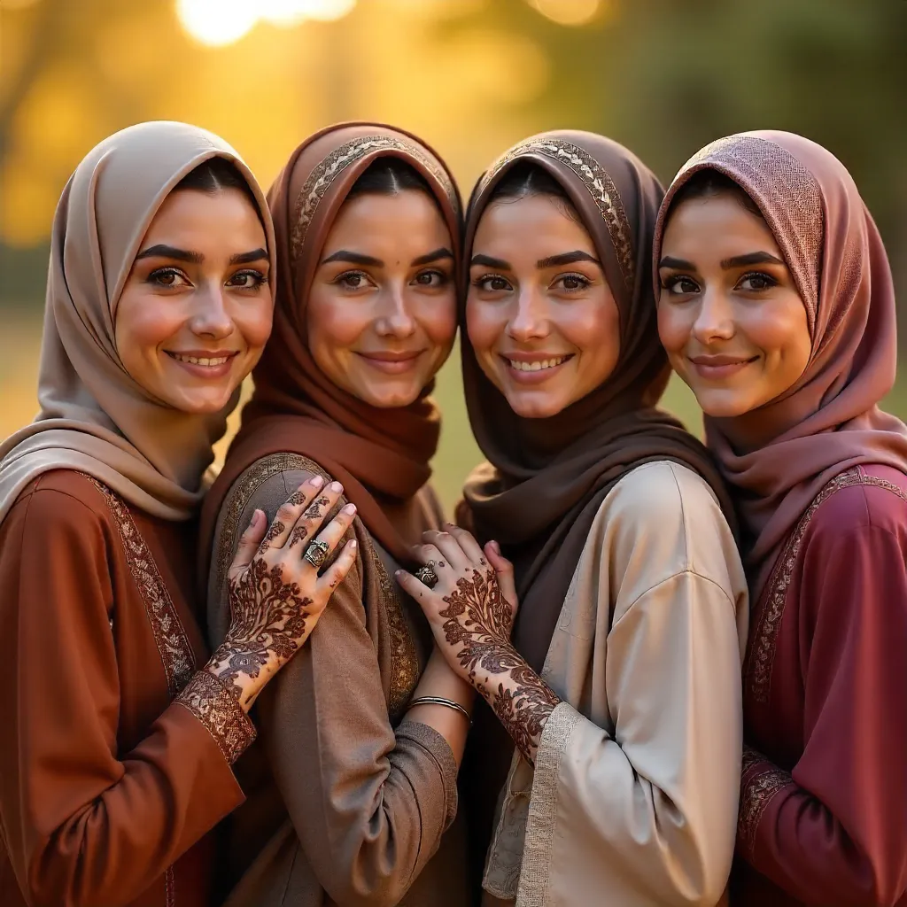 Four Hijab-Clad Women with Intricate Henna Poses