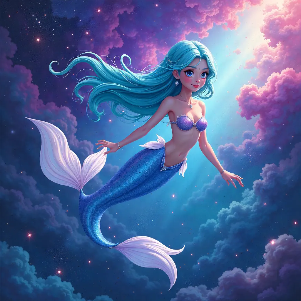 Anime Mermaid Drifting Through a Cosmic Nebula