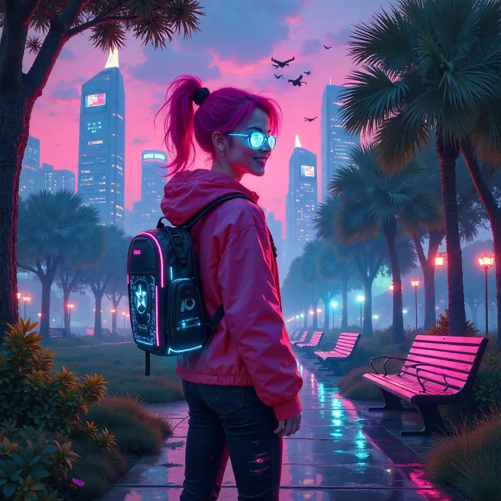 Cheerful Cyberpunk Woman in Neon Park