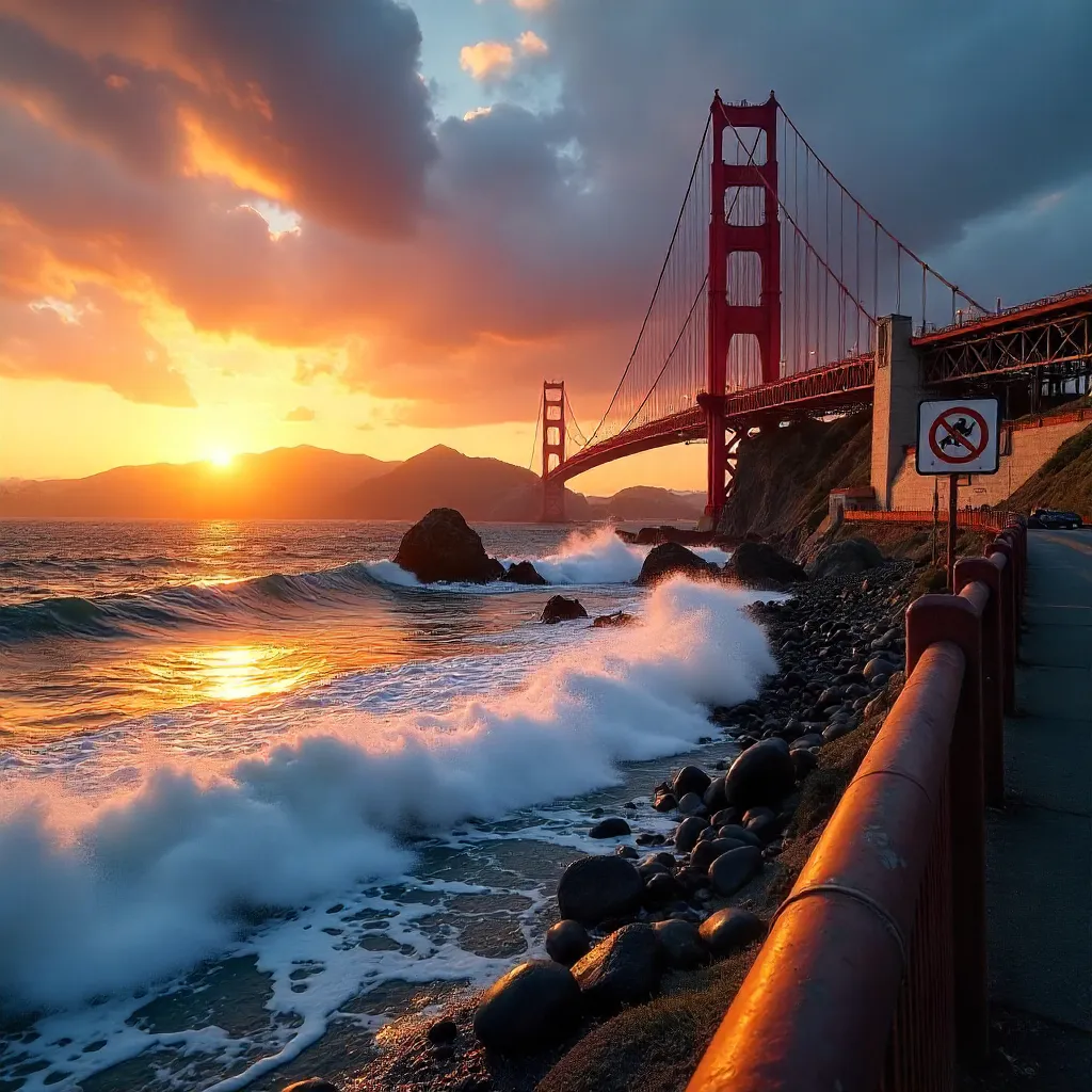 Sunset over Golden Gate Bridge with No Trespassing Sign