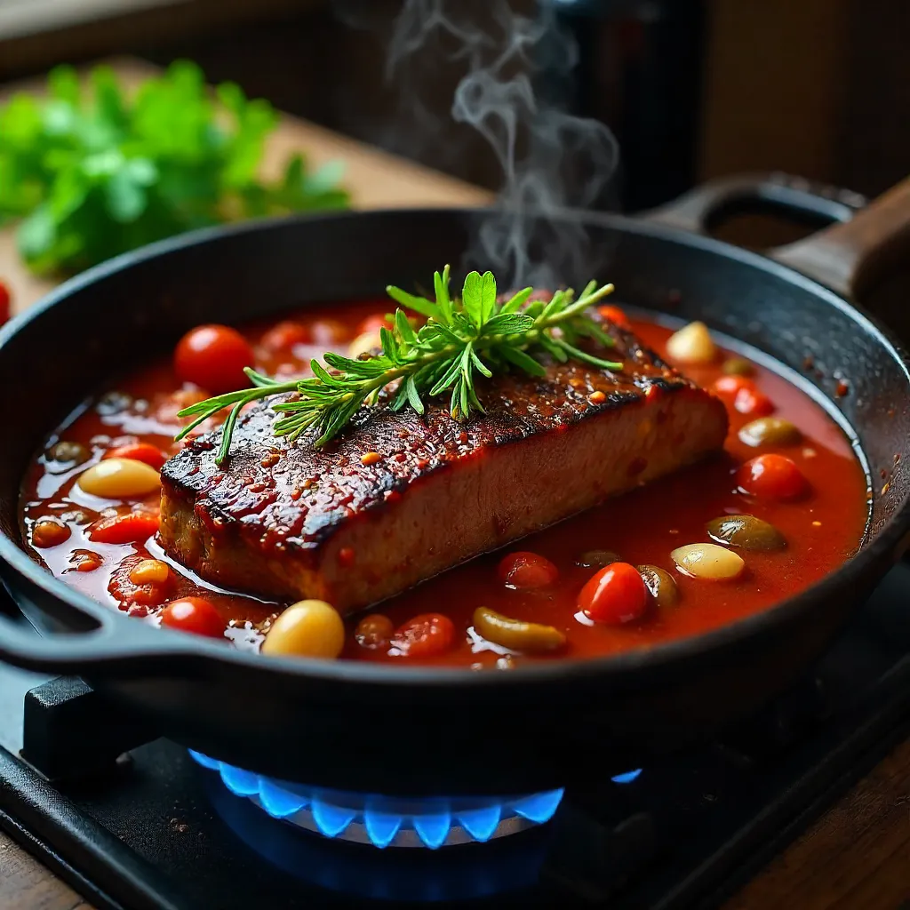 Herb-Studded Tomato Braised Beef on Stovetop