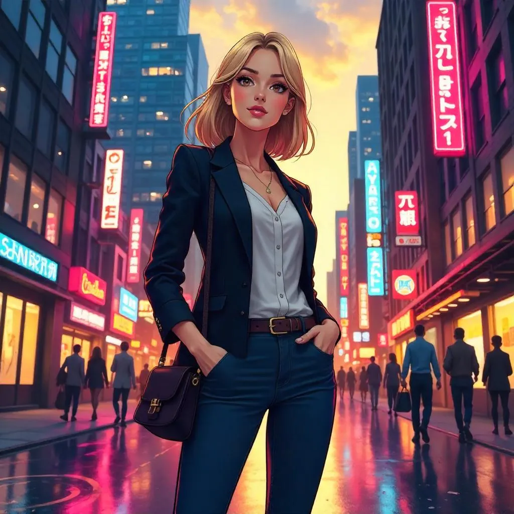 Confident White Woman in Neon Downtown - Anime Style