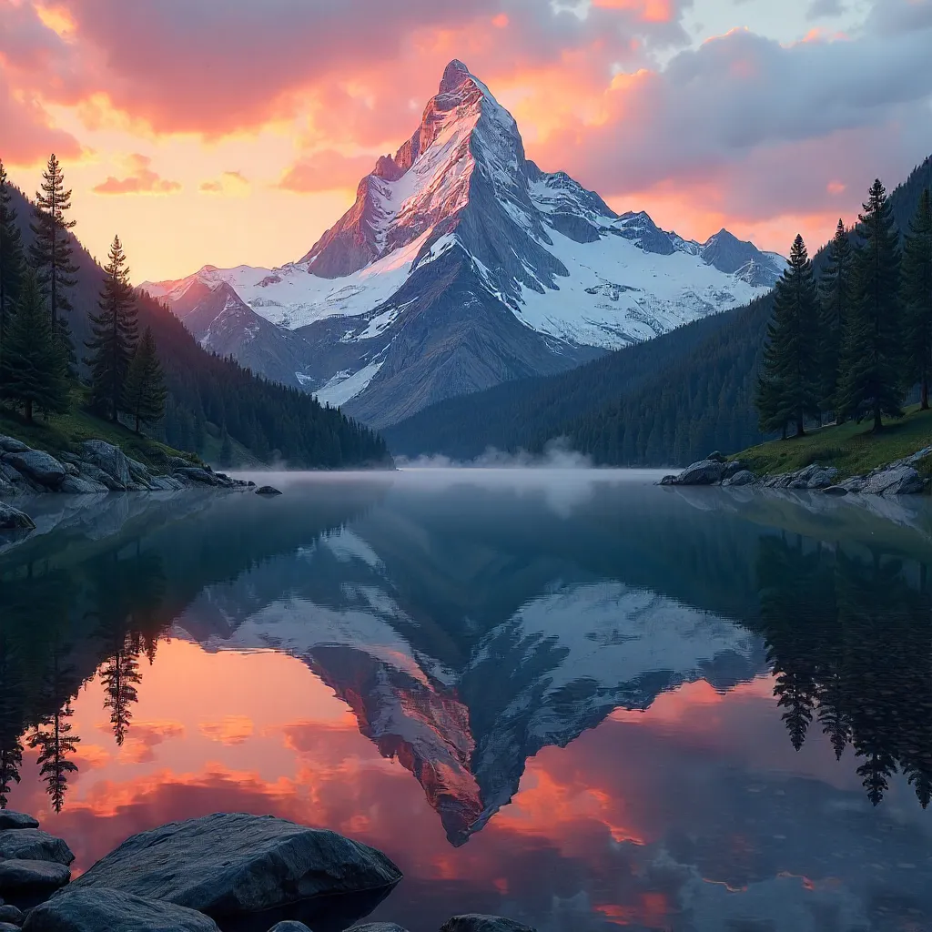 Sunset Reflection of a Mountain over a Tranquil Lake