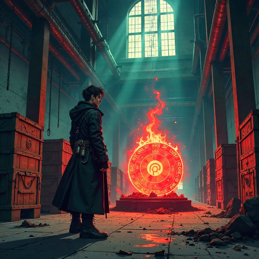 Neon Alchemist and the Philosopher's Stone in a Warehouse