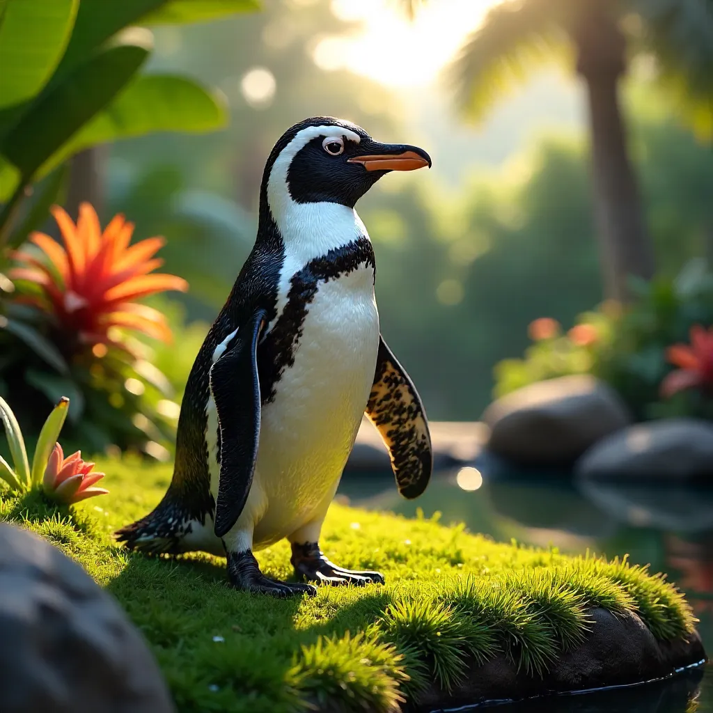 Sunlit Humboldt Penguin in Lush Greenery