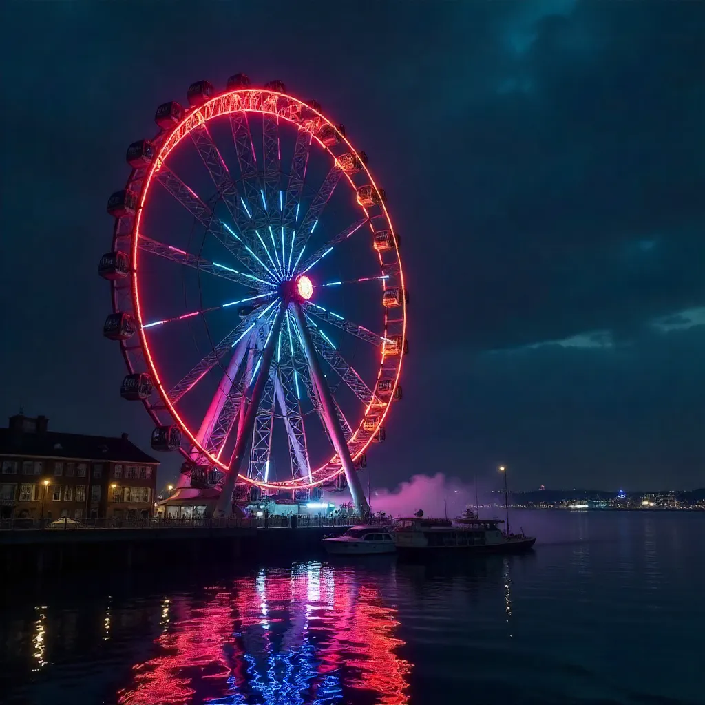 Illuminated Ferris Wheel Reflections at Night