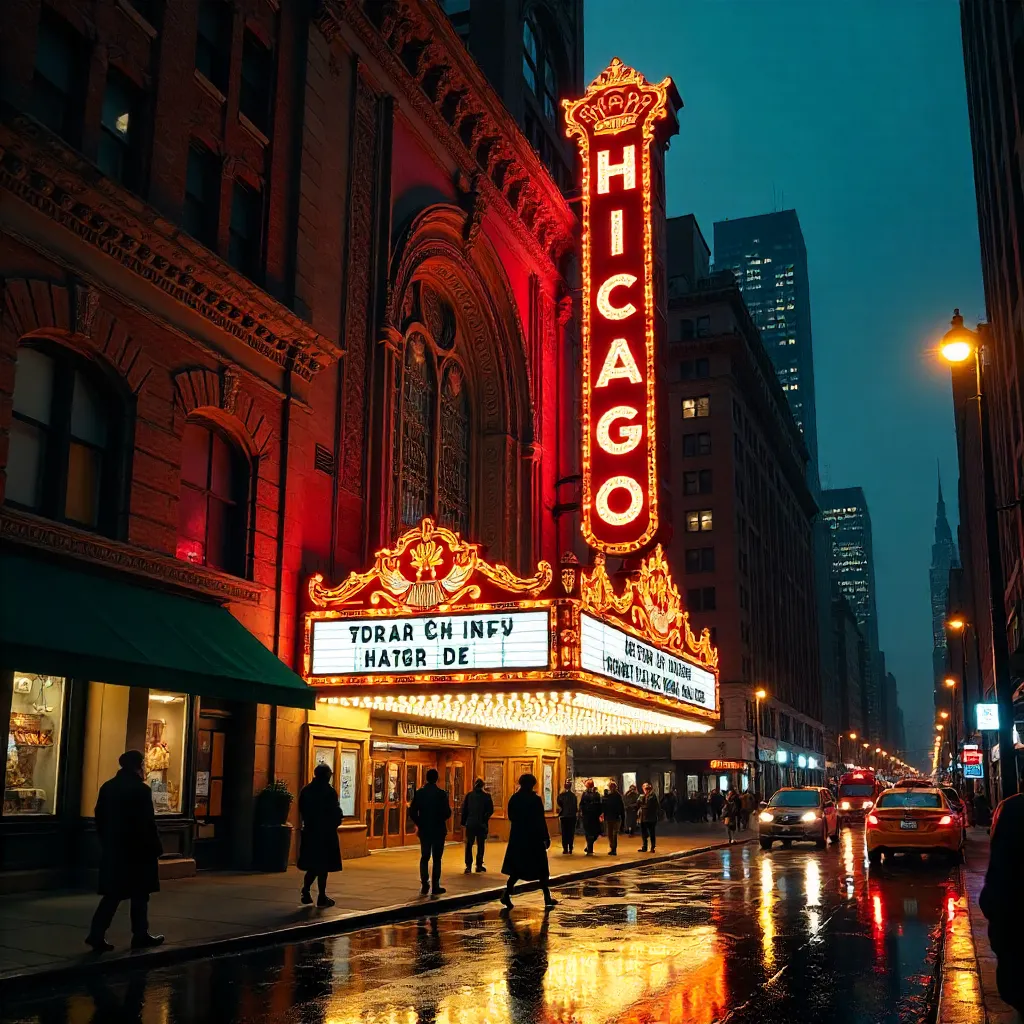 Iconic Chicago Theatre at Night on Busy Street