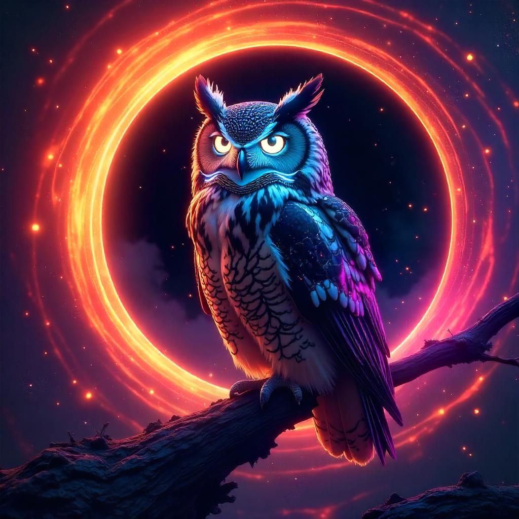 Neon Cyberpunk Owl at the Black Hole Event Horizon