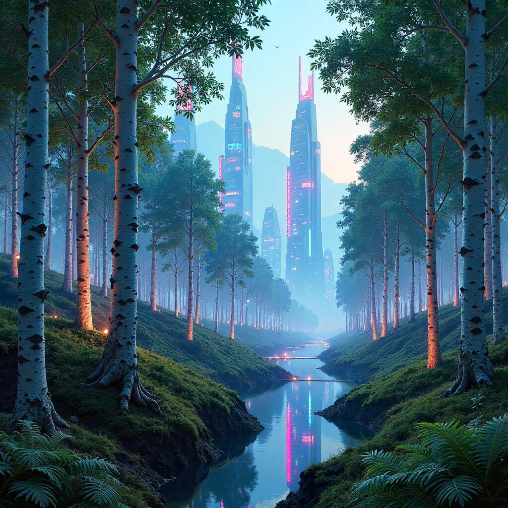 Birch Forest City: Neon Skyline Among White Trees