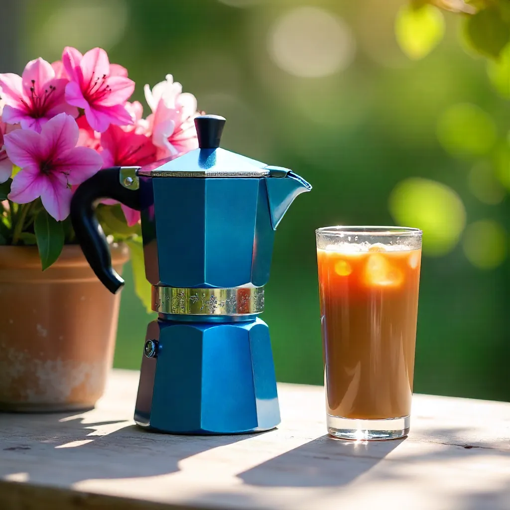 Elegant Blue Moka Pot with Iced Coffee and Azaleas in Sun