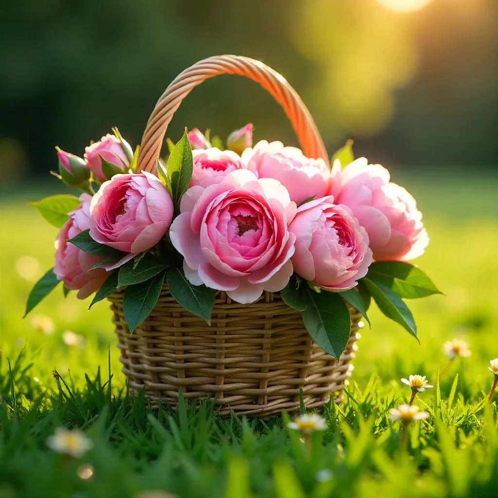 Pink Peonies in a Wicker Basket on Grass
